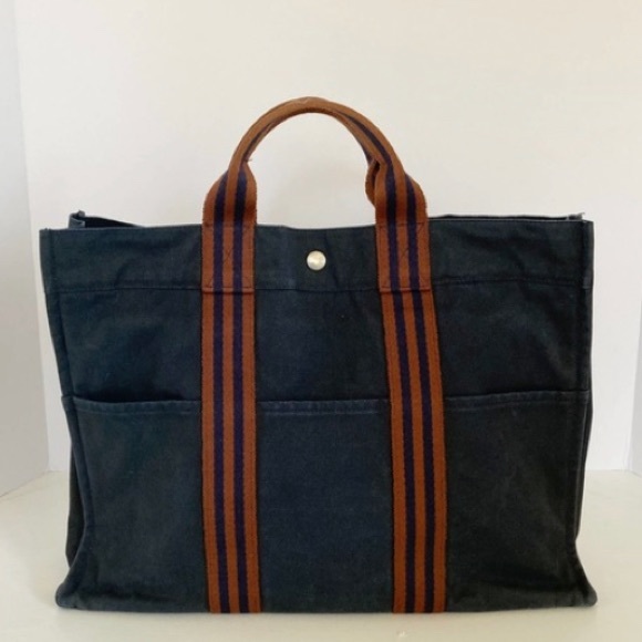 Hermes Handbags - HERMES Distressed Navy Striped Fourre Tout PM Tote Bag PreOwned